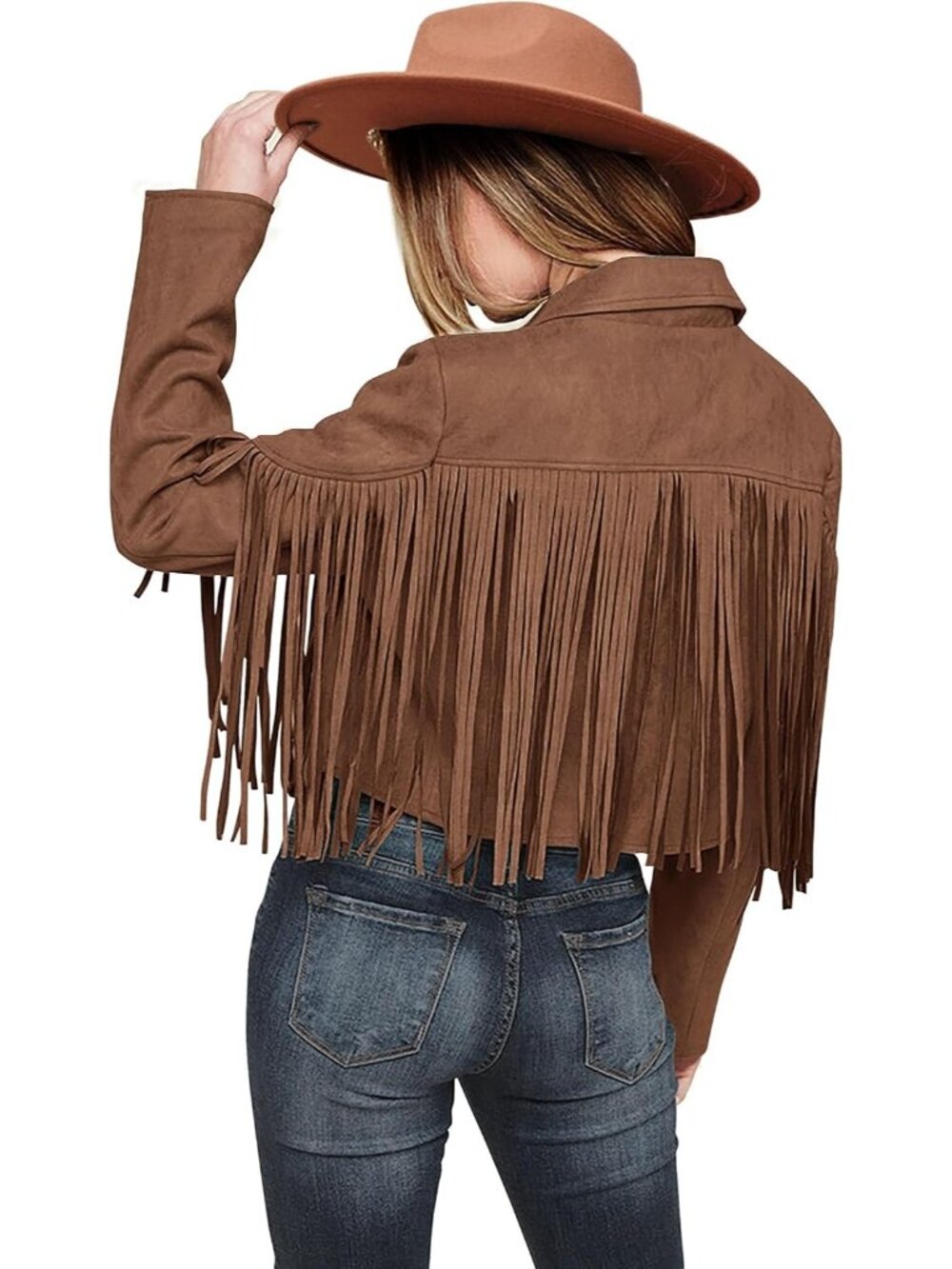 Women's Coffee Fringe Suede Leather Tassel Detail  Motorcycle Cropped Jackets